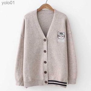 Suéteres de mujer Cárdigan de punto con estampado de gato Lindo Preppy Button Up Cuello en V Abrigo largo Sle Otoño Invierno Streetwear Y2K Estética Retro SweaterL231113