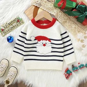 Suéteres de mujer Suéter de punto para bebé navideño Lindo estampado de Papá Noel Ropa informal cálida para recién nacidos Jerseys a rayas de manga larga Prendas de punto Tops para niños pequeños L231020