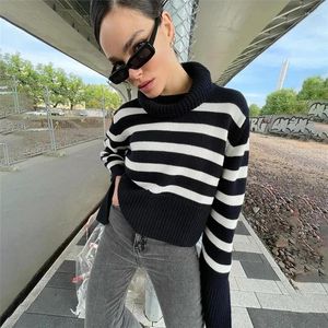 Suéteres de mujer moda Otoño 2024 suéter de rayas de manga trompeta con cuello alto jersey americano y europeo blusa suelta para mujer