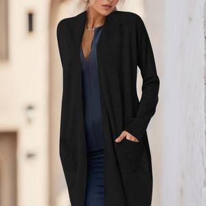 Pulls pour femmes Mode Casual Manches longues Ouvert avant Loose Mid Cardigan avec poches Revers Baggy Work Wear Blusas Bouton Blouses