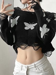 Suéteres de mujer Goth Dark Y2k Mall Gothic Frayed Trim Loose Women 90s Grunge Estética Butterfly Crop Pullovers E-girl Knit Winter Tops