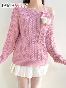 Suéteres de mujer IAMTY Aesthetic Furball Bow Lace Up Pink Sweater Kawaii Loose Twist Knitted Pullover Lolita estilo japonés Jumper Fairycore 230303