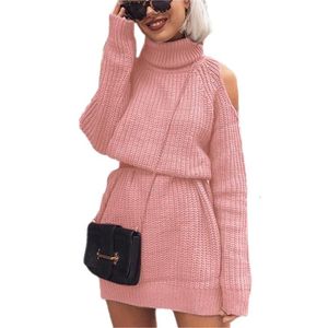 Sweaters de mujeres Turtleneck Sweater Dresses Women Fall Invierno Manga larga Mid Pink Off Shoulder Sexy informal