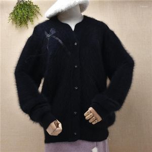 Suéteres para mujer Señoras Mujeres Vintage Peludo Angora Piel Punto Bordado Mangas largas Mangas sueltas Cardigans Mink Chaqueta de invierno Abrigo