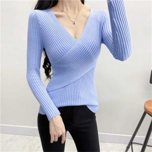 Pulls pour femmes New Woman Pulls Slim Ladies Tops Jumpers 2022 Deep V Neck Sexy Pull Femmes Manches Longues Cross Rib Tricoté 5 Couleurs J220915