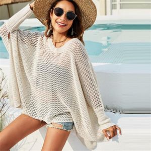 Suéteres de mujer Suéter de gran tamaño Mujeres Hollow Out Jersey de punto Manga larga Batwing Sexy See Through Knitwear Top Crochet Girls Ropa