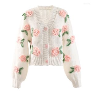 Suéteres de mujer PHOEBE HZ Otoño Invierno Chica Dulce Moda Suave Temperamento Elegante Puntada Abierta Rosa Contraste Color Suéter Con Cuello En V