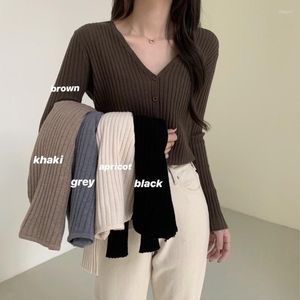 Suéteres de mujer Pit Strip suéter corto con cuello en V para mujer otoño 2022 cárdigan de manga larga ajustado gris coreano moda