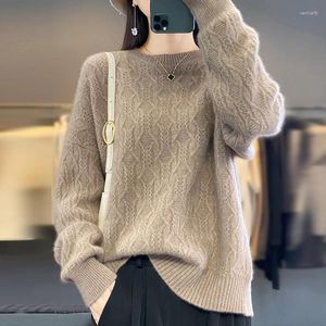 Suéteres de lana pura con cuello redondo para mujer, jerséis holgados de punto para mujer, ropa de lana, Tops de moda de invierno 2024 SY01