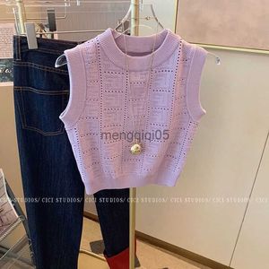 Suéteres de mujer Púrpura Ahueca hacia fuera las tapas de punto Mujeres Sin mangas Suéter Chaleco Casual Verano Casual Prendas de punto cortas Camiseta Púrpura Ropa sexy H204 HKD230831