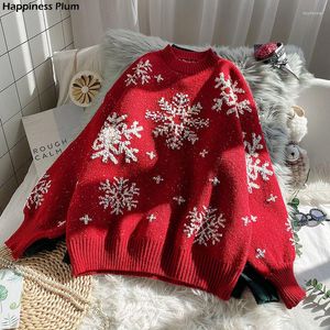 Suéteres de mujer Suéter rojo Mujer Navidad Suelto Lazy Wind Ropa exterior 2023 Año Invierno Copo de nieve Cuello redondo Tendencia superior