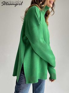 Women's Sweaters Side Split Warm Turtleneck Pullover Sweater Women Oversize Winter Top Soft Basic Green Oversized Sweater For Women Turtleneck L230921