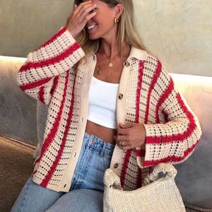 Pulls pour femmes hiver crochet surdimensionné cardigan rayé automne mignon rétro pull tricoté long beau rouge