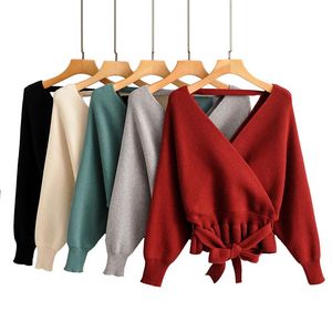 Suéteres de mujer, manga de murciélago, Otoño Invierno, Top Sexy con cuello en V, Jersey de punto de Color sólido a la moda para mujer, informal