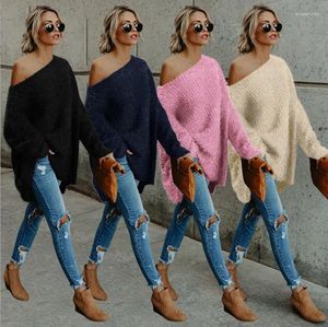 Suéteres de mujer Jerséis de mujer Casual de manga larga de punto suéter esponjoso jersey suelto Tops prendas de punto otoño un hombro de gran tamaño