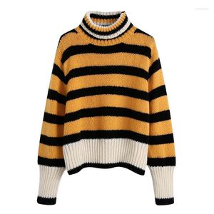 Pulls pour femmes Junwu Automne Femmes Jaune Noir Rayé Imprimer Col Rond À Manches Longues Lâche Élastique Tricoté Pull Pull