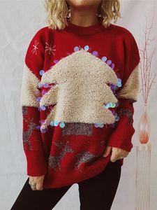 Pulls pour femmes Femmes S Sequin Pull de Noël à manches longues Col rond Arbre Pull Holiday Knitwear