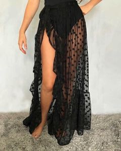 Maillots de bain pour femmes 2021 New Hot Summer Women's Mesh Sheer Polka Dot Long Split Jupes Sexy Beach Sunscreen Bikini Cover Up Wrap Jupe Y2303