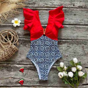 Swimwear Women 2022 Floral Imprimé en V Deep à col en maillot de bain à volants Push Up Up Up One Piece Beach Wear Uslesslesless Monokini Beach Wear Swim Suite T230606