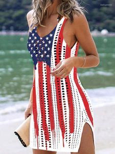 Día de la Independencia Traje de baño para mujer Bandera estadounidense Ahueca hacia fuera Hendidura Crochet Cubrir Mujeres Verano Playa Sin mangas Vestido sin mangas 4 de julio Vestidos 2023