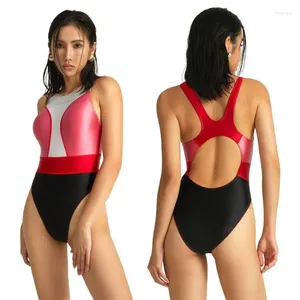 Swimons de maillots pour femmes amorése féminine Satin Satin One Piece Sweet Glossy Sans manches hautes High Waited Spandex BodySuit Beach Surfing Competitive