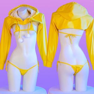 Bikini de maillots de bain pour femmes Anime Pu Leather Set Sexy Lingerie Hoodie Top Cosplay Costume Japanese Girl Underwear Nightgown Role Play Play
