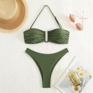 Swimwear féminin ArmyGreen Bikini Bandage sexy Sweet U-Type plissé String Halter Bandeau Thong Y2K Femmes Séprenez la plage Suif de baignade de plage