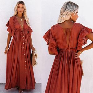 Traje de baño para mujer Bikini Cover Ups para mujer Vestidos largos de verano Maxi Beach Dress Swimear Coverups Cardigan Button Up Pockets Kimono Robes