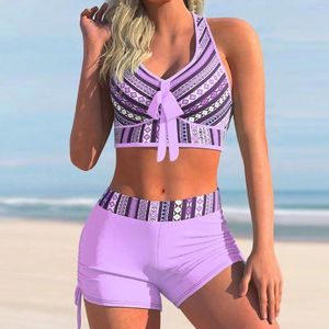 Bikini de maillots de bain pour femmes Set Femmes Summer 2pcs Halter Lace Up Bow Print Swimsuit Korean Style Femme Beachwear High Waist Bottom