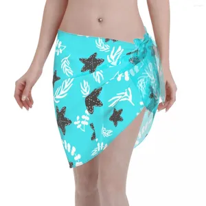 Chifón de baño para mujeres pareo pareo Black Starfish en Sky Blue Beach Cover Up Sargg Faldas usa Swimsuits Bikinis Ups