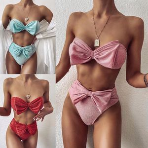 Maillots de bain femme Chili Girl taille Bikinis 2023 maillots de bain Bandeau femmes brillant nœud Biquini solide sans bretelles baigneurs maillot de bain