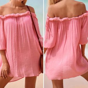 Maillots de bain pour femmes Cover Up Beach Femmes Vêtements de bain Bikini Maillot de bain Couleur unie Bambou Joint Coton Une épaule mi-longue chemise à manches longues