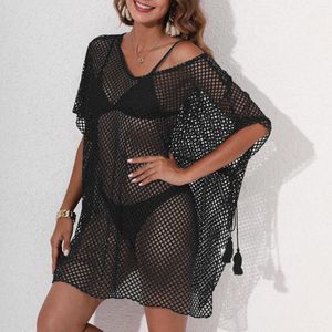 Traje de baño de mujer Moda de verano Playa Mujeres de gran tamaño O-cuello Bikini Cubrir Vestido de malla de baño Sexy Transparente Manga corta