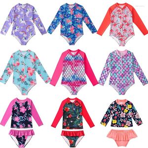 Traje de baño para mujer Sirena floral Niño pequeño Bebé niña Trajes de baño infantiles de manga larga Traje de baño con volantes brillantes Niños Ropa de playa de una pieza