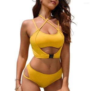 Traje de baño de mujer FS Sexy mujer amarillo Cruz correa ahueca hacia fuera Halter encaje Up Bikini conjunto señora Split espalda descubierta sólido traje de baño de dos piezas