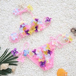 Traje de baño para mujer, traje de baño Floral hecho a mano para niñas, traje de baño de dos piezas para niños 2023, traje de baño rosa para niños, ropa de playa bonita con cuello Halter para bebés de 2 a 10 años