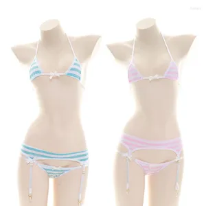 Maillots de bain pour femmes Japonais Sexy Bikini Sous-vêtements Ensemble Lolita Étudiant Soutien-gorge rayé et culotte Lingerie avec porte-jarretelles Fille douce Trois points