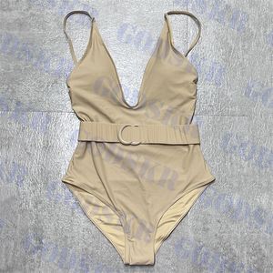 Maillot de bain femme maillot de bain kaki avec lettre badge ceinture maillot de bain col en V profond pour femme sexy bikini dos nu