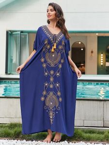 Traje de baño para mujer Azul marino Bordado floral Kaftans para mujeres Maxi Vestidos de playa 2024 Cover Ups Trajes de baño de vacaciones Ropa de playa