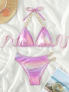 Maillots de bain pour femmes Push Up Bikini Micro Bikinis Set Pink Gradient Metal Strap Maillot de bain Femmes Sexy Cut Out Maillot de bain taille haute Maillots de bain 230803