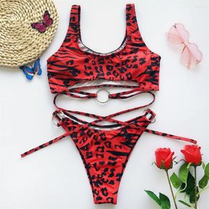 Swimwwear pour femmes Red Leopard Bikini Anneaux Sexy Print String Swimsuit String Women Tankini 2 pièces Brésilien Breach Bikinis Set Bathng