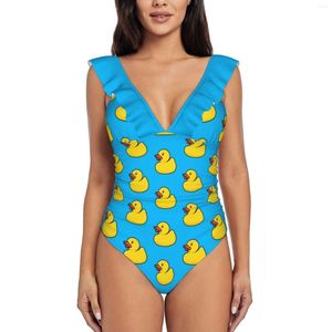 Bañador de mujer con estampado de pato de goma, traje de baño con volantes en V profundo, ropa de playa de una pieza, Monokini, fila bonita, amarillo, azul, bebé