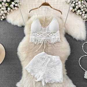 Traje de baño para mujer Traje de moda de vacaciones junto al mar 2023 Verano Sexy Bikini Mujer Hollow Camisole Hook Lace Shorts Mujeres Traje de baño Conjunto de dos piezas