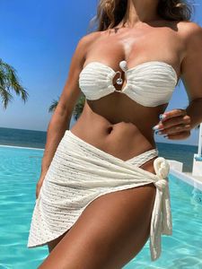Maillots de bain pour femmes Sexy Bandeau Bikini 2024 Femmes Blanc Rose Creux Out Métal Push Up Jupe 3 Pièces Maillot De Bain Maillot De Bain Couverture