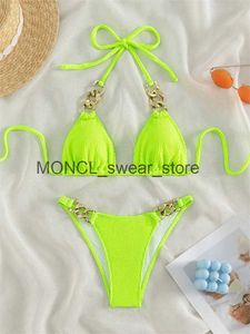 Traje de baño para mujer Sexy Neon Green 2 piezas Bikini Set Mujeres Halter Metal Stap Push Up Traje de baño Verano Lace Beach Traje de baño ThongH24222