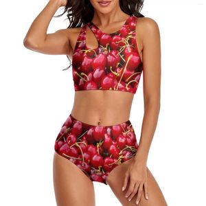 Traje de baño para mujer Conjunto de bikini con estampado de cerezas rojas sexy Mujeres Frutas lindas Traje de baño de fantasía Piscina de cintura alta Traje de baño de talla grande