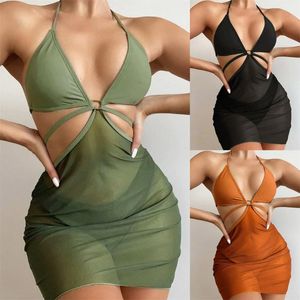 Costumi da bagno da donna Sexy Solid Halter Perizoma Bikini Push Up Costumi da bagno Cover Ups per le donne 3 pezzi Set Bandage Beachwear Suit con gonna a reteDonne