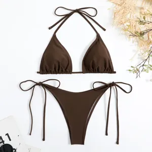 Maillots de bain pour femmes Sexy Femmes String Couleur Solide Bikini Ensemble Side Halter Tie Maillot de bain Dames Split Sangle Ajustable Brésilien Beachwear