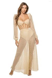 Maillots de bain pour femmes Solid Beige Femme Mode Mesh Fil Maillot de bain Sexy Bikini Deep V Taille Design Jupe à manches longues Plage 2024 Été