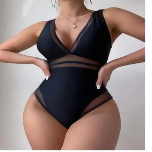 Maillots de bain pour femmes Solid Black Mesh Plunge V Cou Push Up Maillot de bain pour femme One Piece Taille haute Body 2022 Monokini Maillot de bain